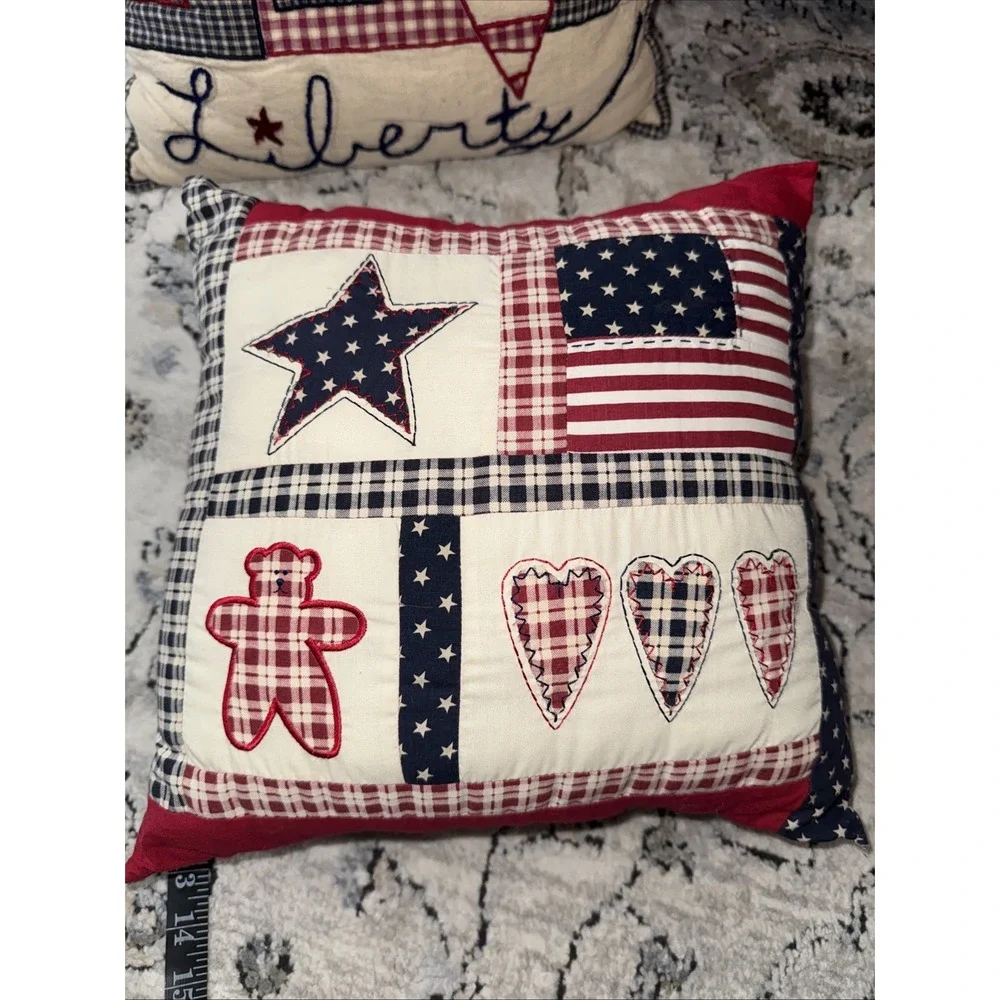 Set of 3 Patriotic American Themed Pillows Decorative Primitive Cottage USA Flag